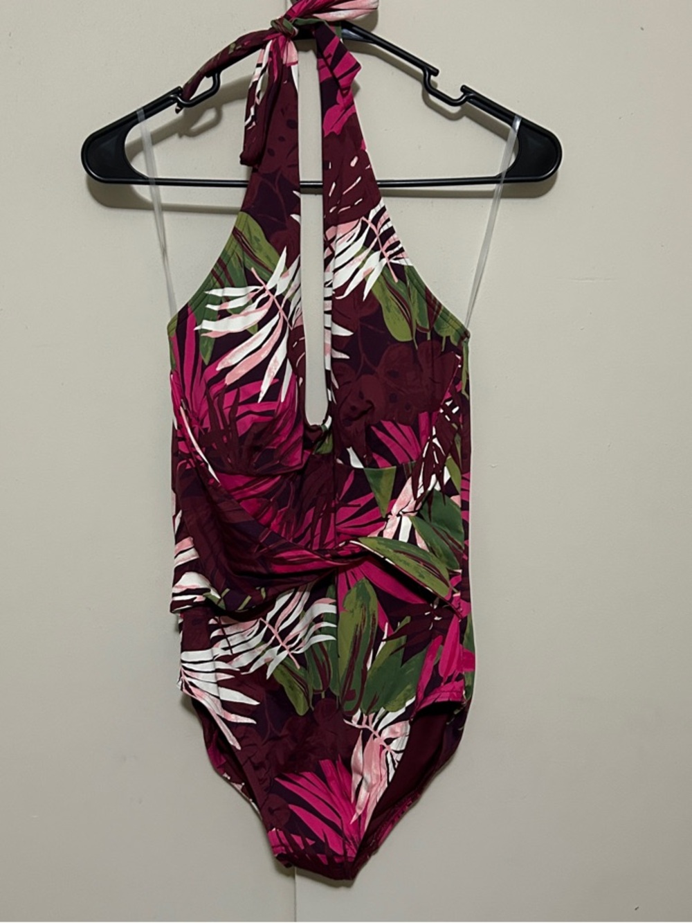Lands End Tropical Halter One-Piece Swimsuit - Magenta Green Leaf Print